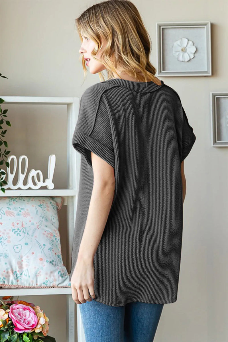 Heimish Full Size Exposed Seam Short Sleeve Ribbed Top - Love Salve